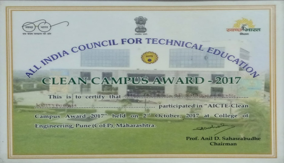 Evidence of Success - AICTE clean campus award 2017 received on 2nd October in the function held at CoEP Pune